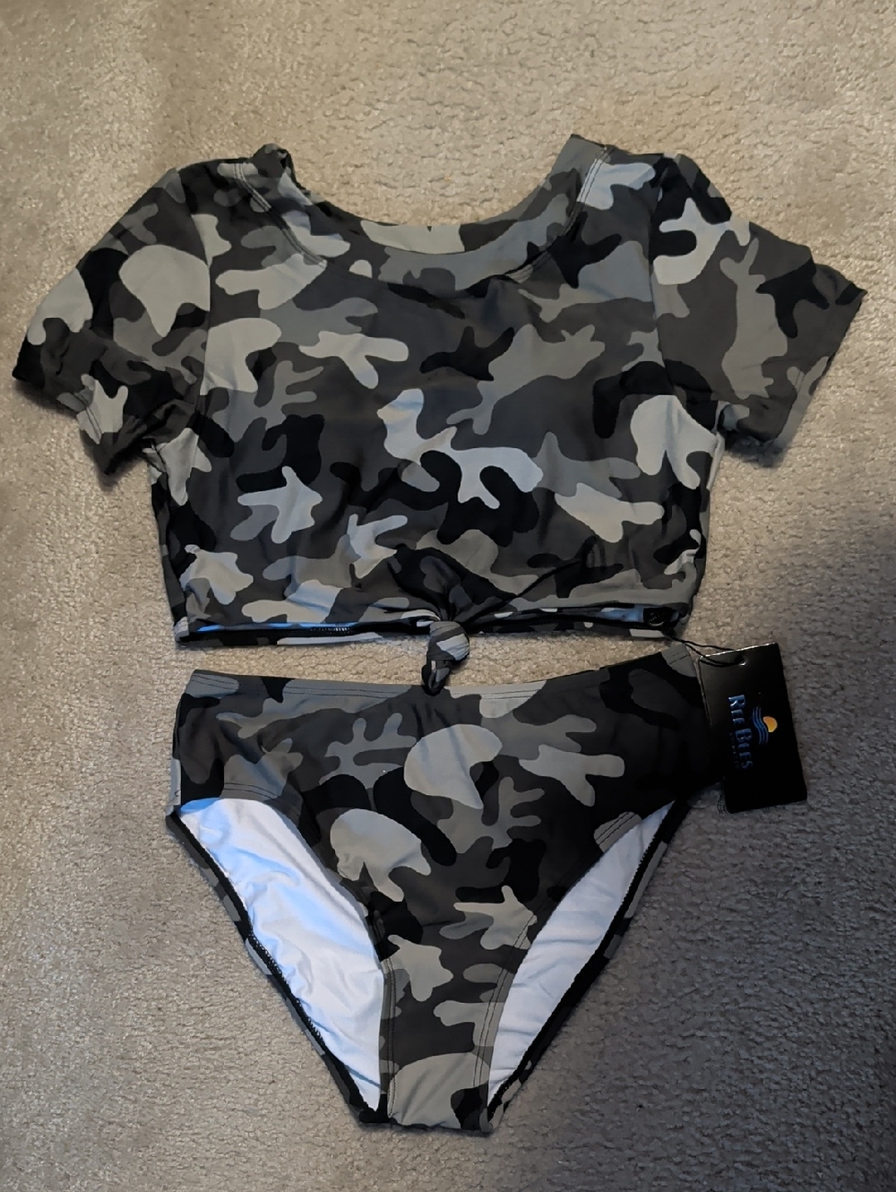Fashion Nova Gray Camo Short-Sleeve Tie Swim Top & High-Waist Bottoms